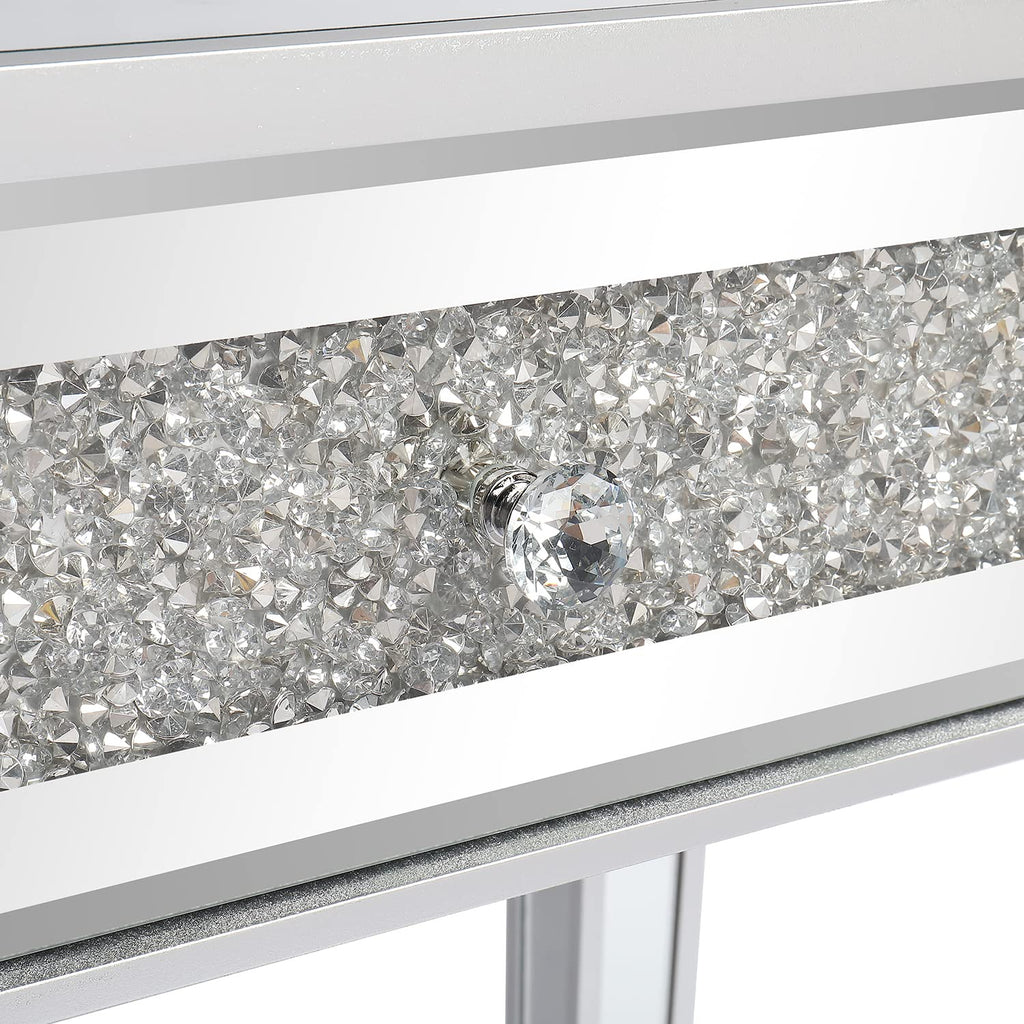 Mirrored Desk with 2 Drawers Silver Console Table Mirror Sofa Table with Crystal Inlay Front, Foyer, 42 Inch