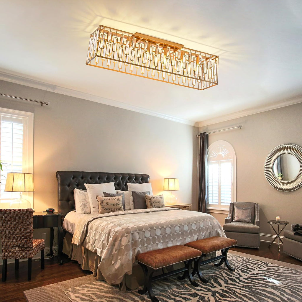 38.7 inch Gold Crystal Chandelier for Living Room, 6-Light Rectangle Flush Mount Ceiling Light Modern Chandeliers for