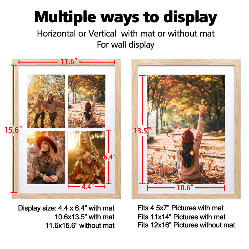 12x16 Collage Picture Frame, Natural Solid Wood Frame with Acrylic Plexiglass for 11x14 Photos or Four 5x7 Photos
