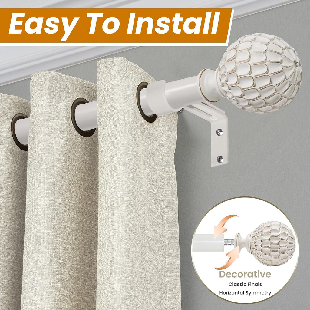 Vintage White Boho Curtain Rod for Windows, 1-inch Heavy-Duty Adjustable Curtain Rod with Decorative