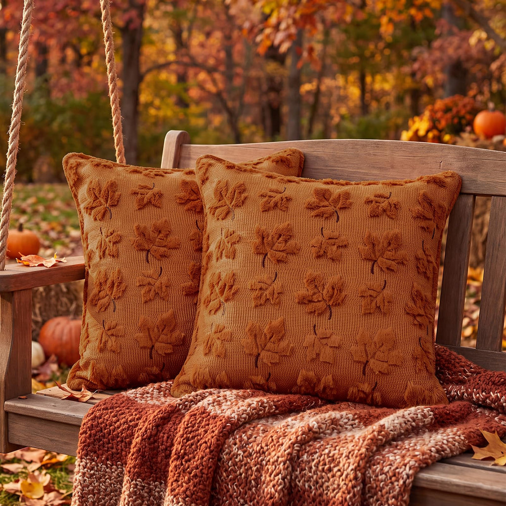 Fall Throw Pillow Covers 20x20 Set of 2 Rust Orange Plush Maple Leaf