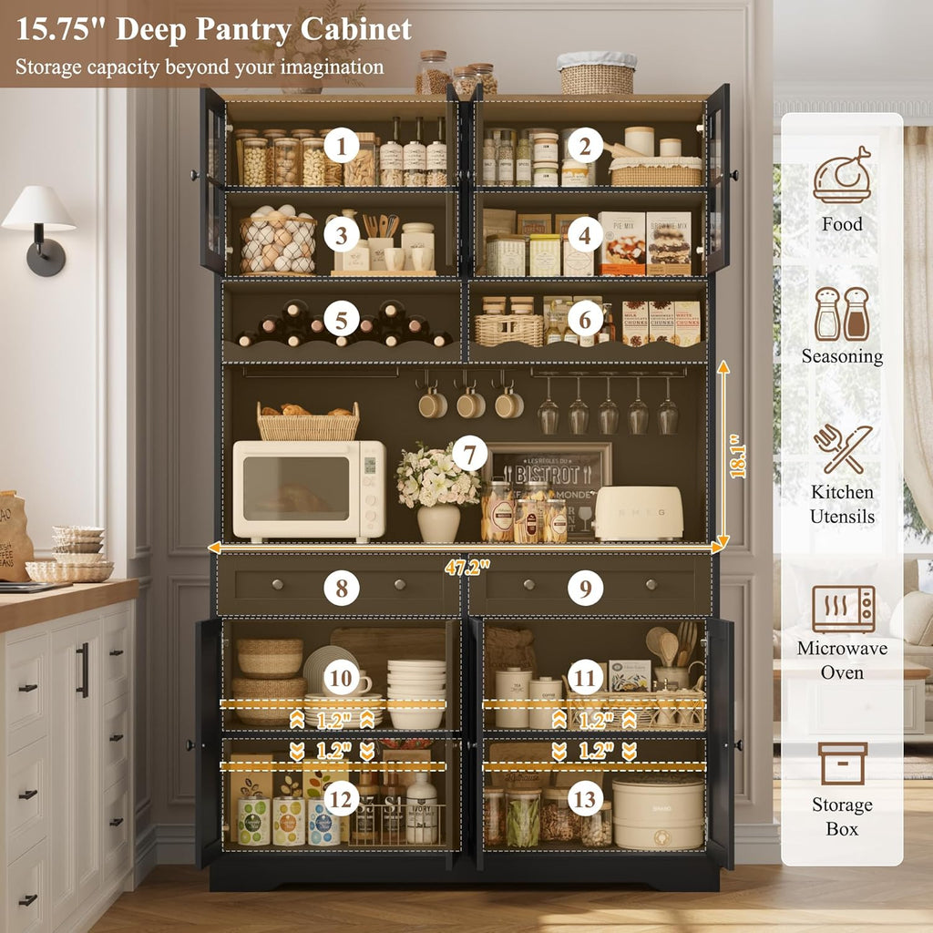 75" Kitchen Pantry Storage Cabinet, Coffee Bar Hutch Cabinet, Black | Tall Pantry Cabinet with Charging Station /