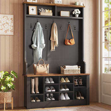 Hall Tree with Bench and Shoe Storage, 3-in-1 Entryway Bench with Coat Rack, Hall Tree with Adjustab