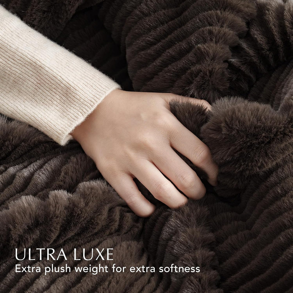 Faux Rabbit Fur Throw Blanket, 50''x60'', Dark Brown | Ultra Soft, Luxury Sculpted Texture Faux Fur Blanket, Fluffy