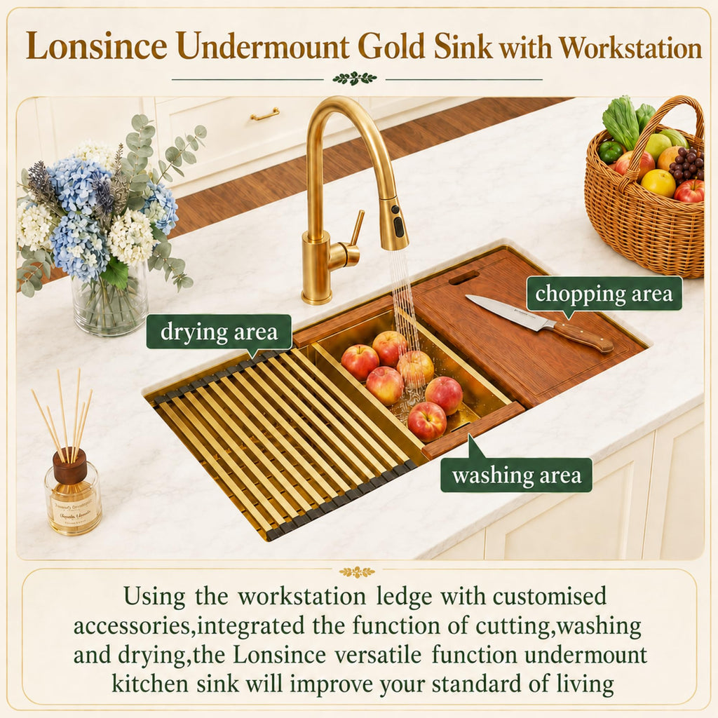 Gold Kitchen Sink Offset Drain, 33"X18" Undermount Single Bowl Sink