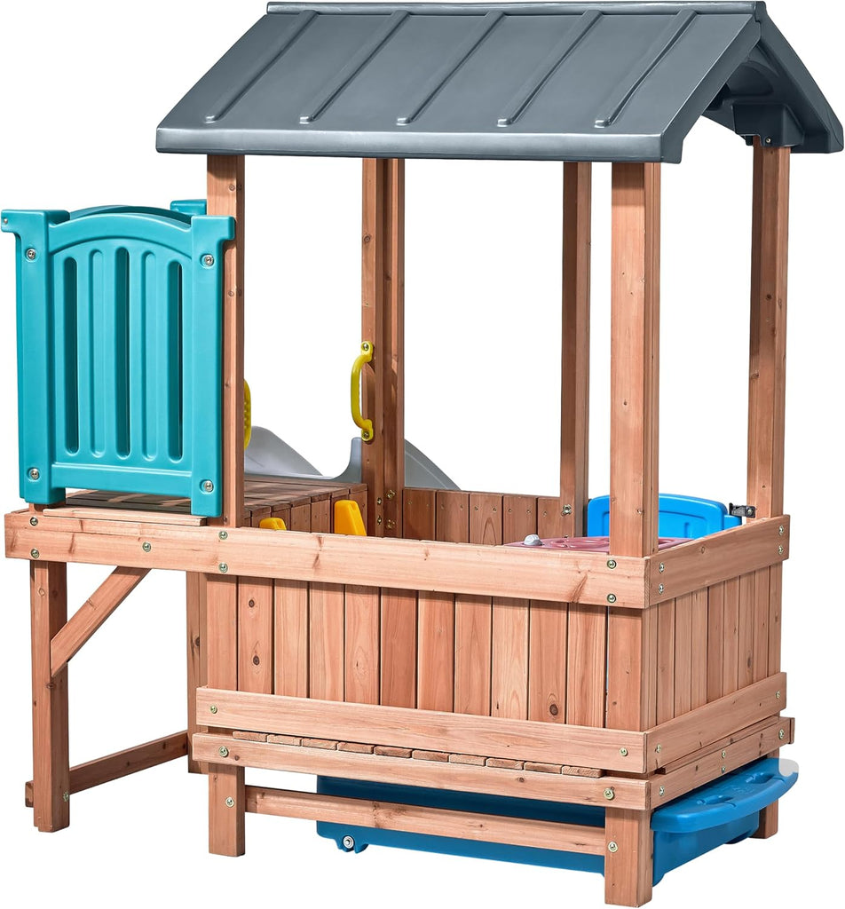 Woodland Adventure Playhouse & Slide, Kids Outdoor Playset, Backyard Playground Set, Swings, Storage Drawer, Made of