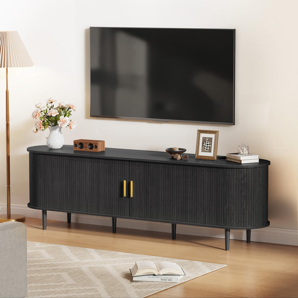 70.8 Inch Mid Century Modern TV Stand with Power Outlet for TVs up to 80 Inch, Entertainment Center with Storage and