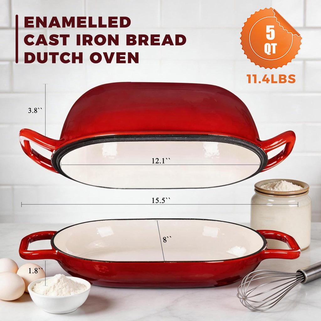 12 x 8 Inch 5QT Oval Dutch Oven for Bread Baking, Cast Iron