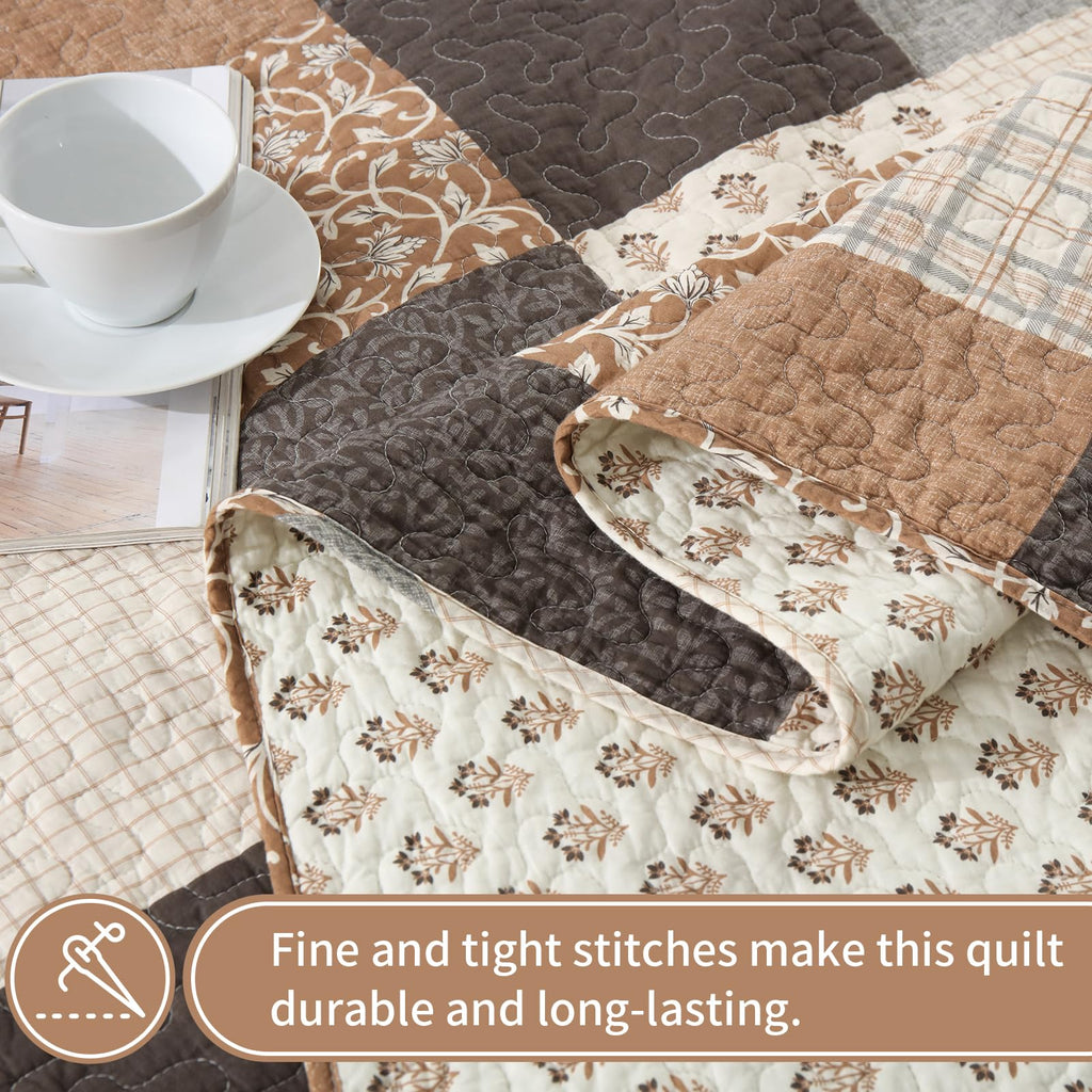 100% Cotton Quilt Set, Cottage Printed Check, Brown Charcoal