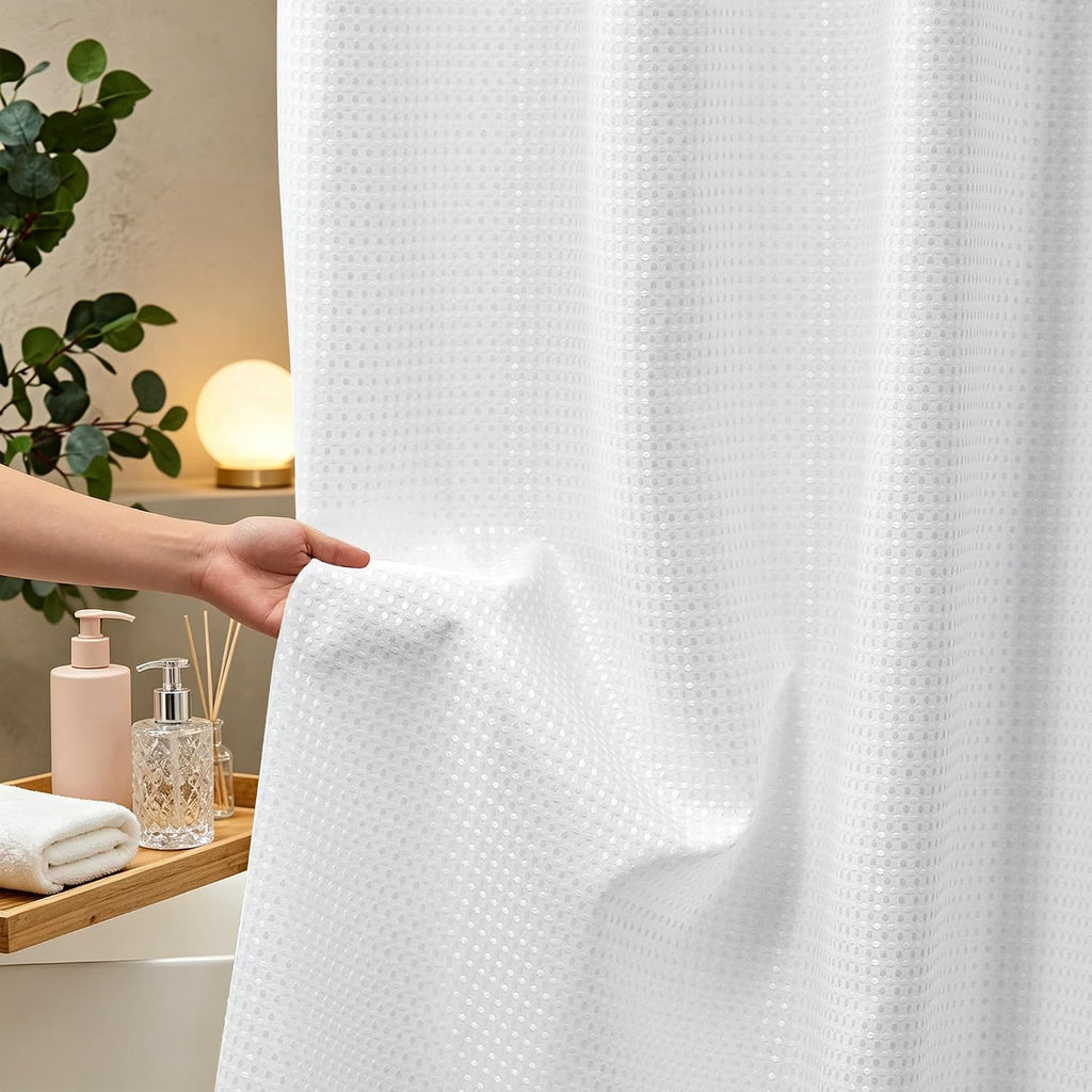 Shower Curtain Set, 180GSM Waffle Weave Fabric with PEVA Liner & 12 Metal Hooks, 3-in-1 Bathroom Curtain Set,White