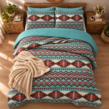 Rustic Southwestern Quilt Stitched Western Bedspread Bedding Set with Tribal Native American Patterns - Utah