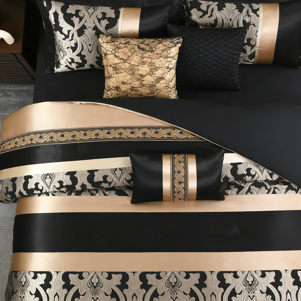 Black Gold Jacquard Comforter Set, 7PCS Bed in a Bag