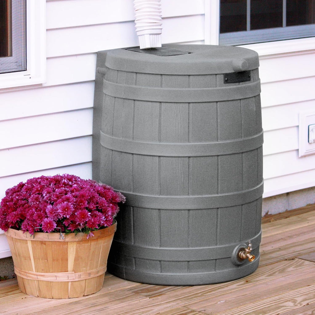 Rain Wizard Water Collection Barrel, 50 Gallon, Gray | Faux Wood Design - Plastic Outdoor Home Rain Barrel, Rainwater
