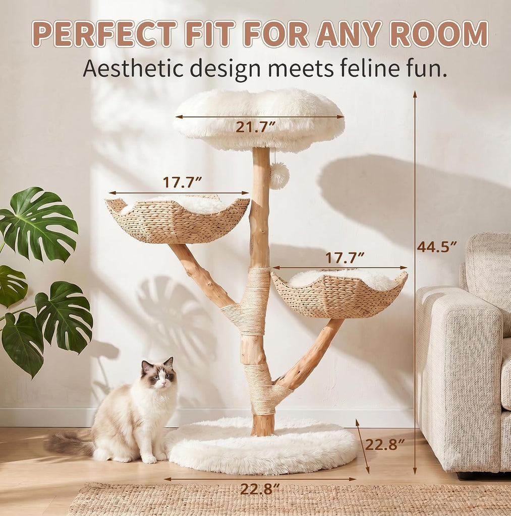 44.5-Inch Natural Wood Cat Tree with 2 Handwoven Baskets