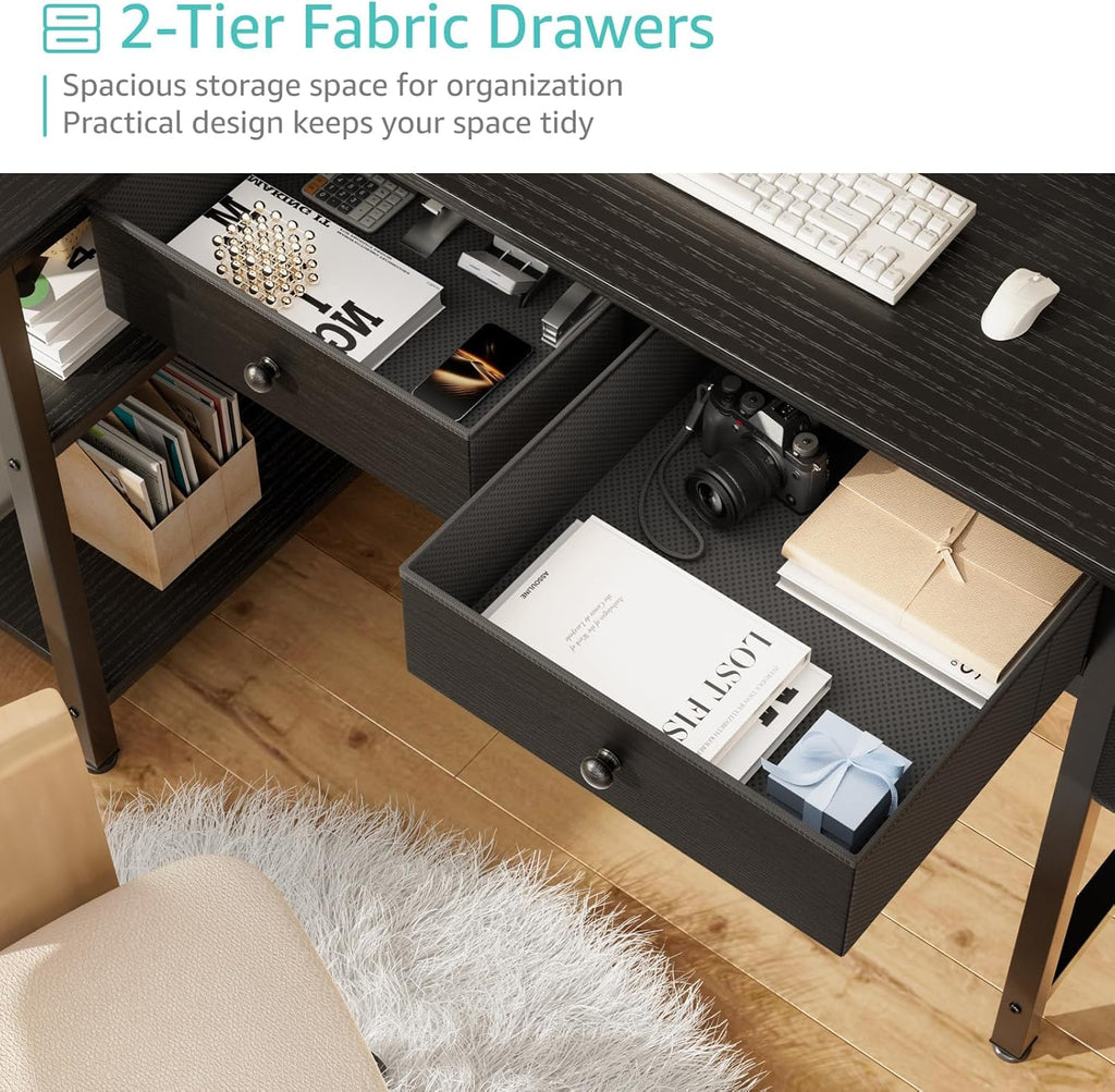Black Corner Desk for Small Space with Drawers, Reversible Gaming L Shaped Computer Desk with Storage Shelves for