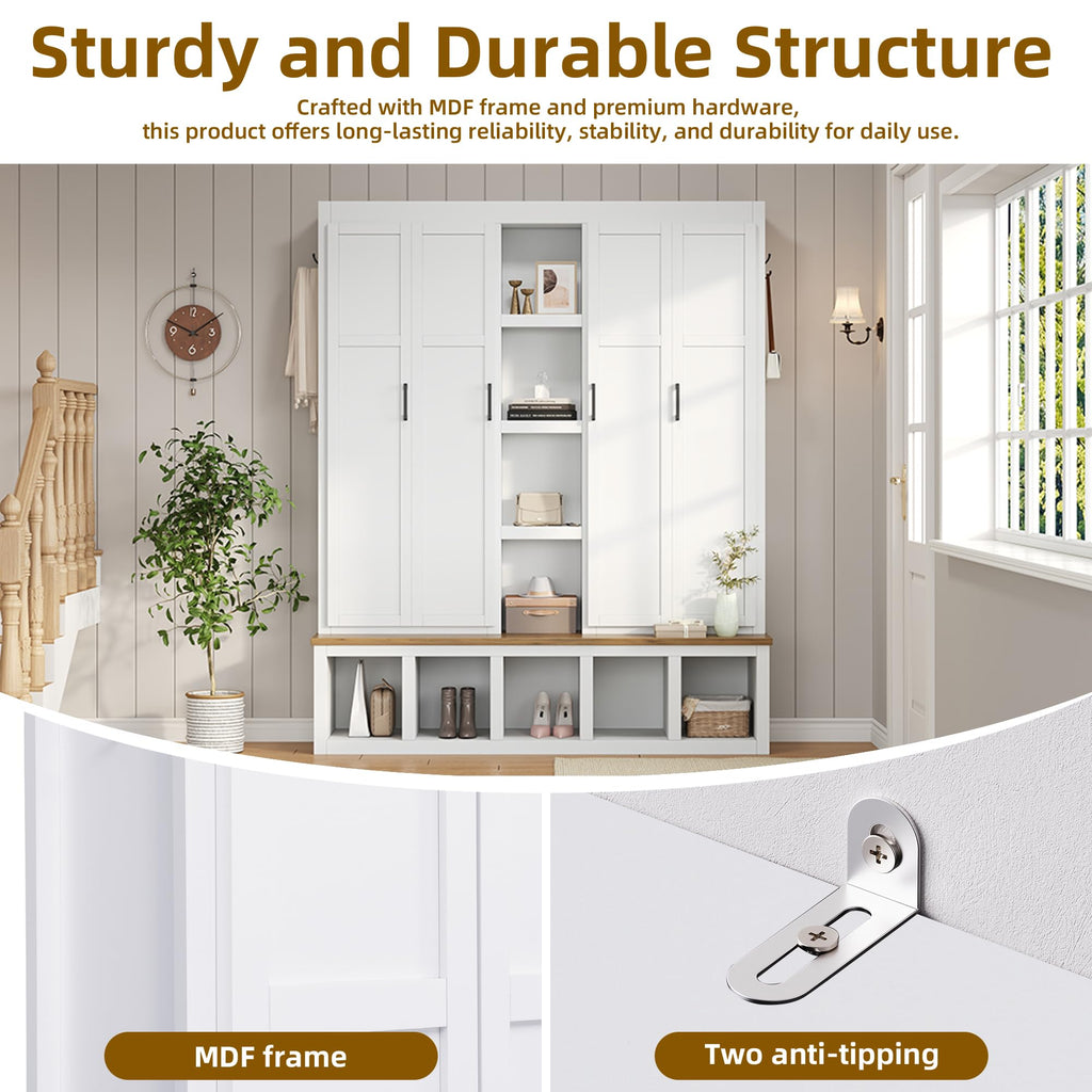 Modern Farmhouse Hall Tree with Bench, 4-in-1 Entryway Storage Cabinet & Shoe Organizer with Hooks, White