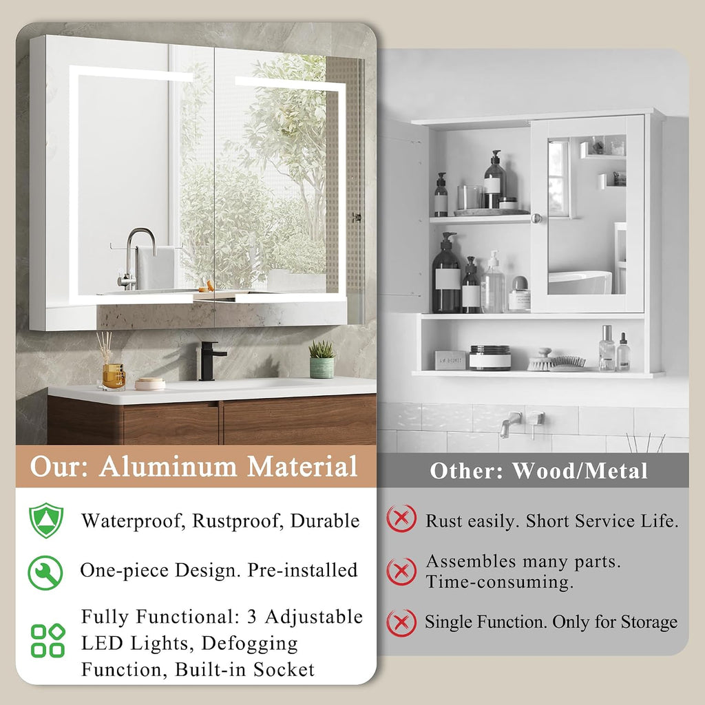 LED Medicine Cabinet with Mirror , Assembly-Free Lighted Medicine Cabinet, Defog, Stepless Dimming, 3 Colors, 2