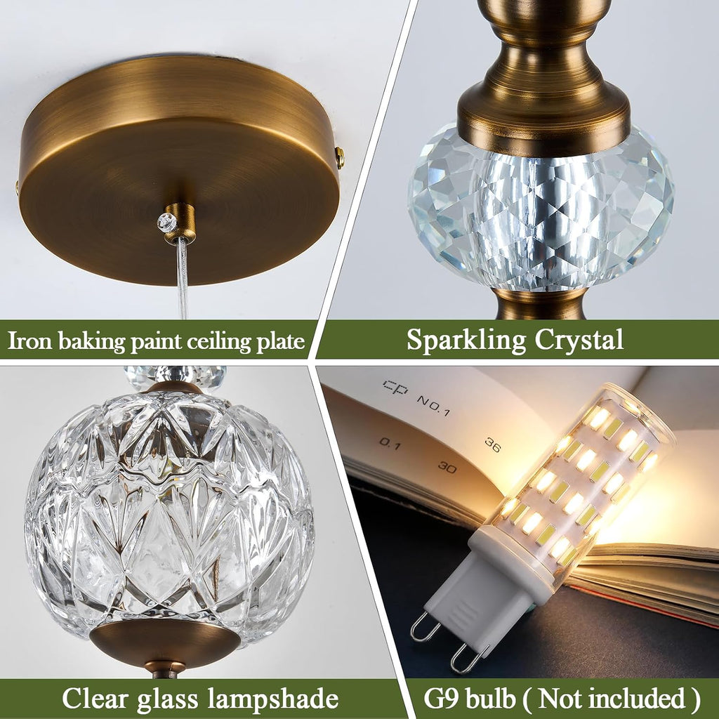 Vintage Glass Pendant Light Antique Brushed Gold Chandelier 4.72" Mini Adjustable Hanging Ceiling Light Fixture for Kitchen Island Farmhouse Dining Room Bedroom Foyer Entryway