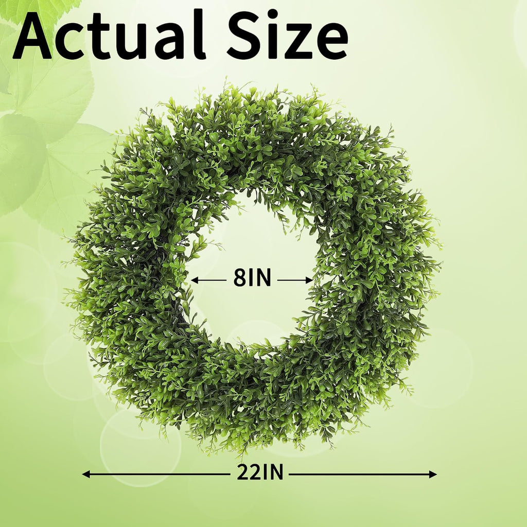 22inch Artificial Boxwood Wreath for Front Door, Spring Summer Wreath Faux Greenery Leaves Wreath for Front Door Wall