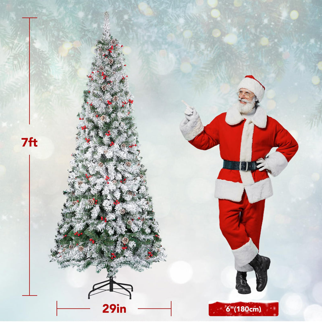 7FT Pre-Lit Snow Christmas Tree with Remote Control and Timer, Snow Flocked Artificial Pencil Christmas Tree with 798
