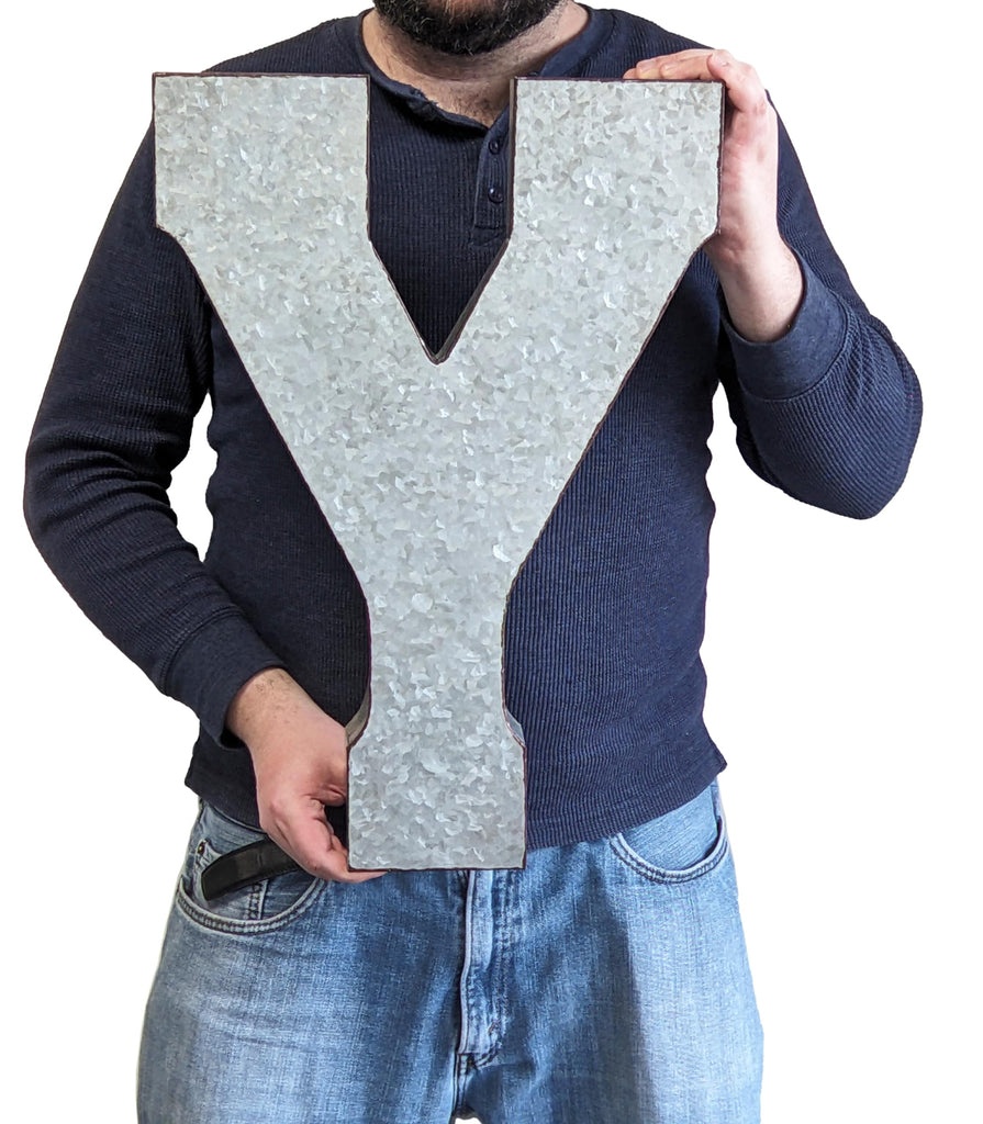 20" Metal Letter "Y" Wall Decor, Silver with Rusted Edges, Galvanized Wall Mountable Decoration for Country