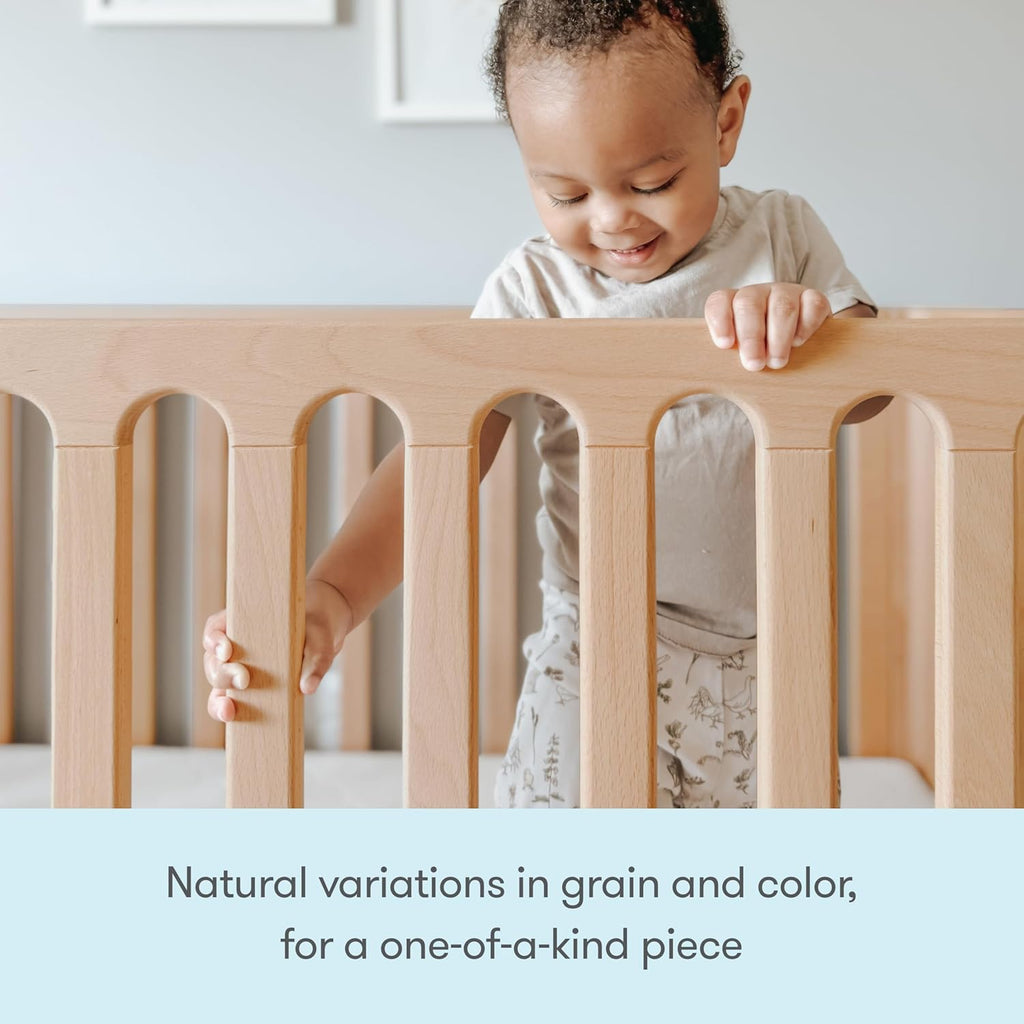 Galileo Standard Crib, Solid Beech Wood in Natural Color, 3-in-1 Convertible Crib with Toddler Bed Conversion Kit