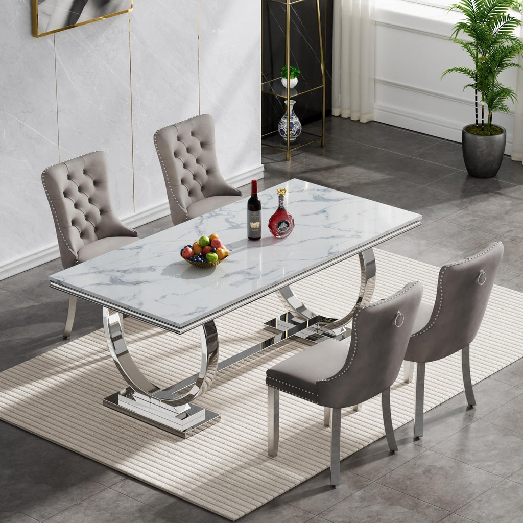 5 Piece Silver Dining Table Set for 4, 68.11" White Faux Marble Kitchen Table with 4 Velvet Chairs, Modern Dining Room