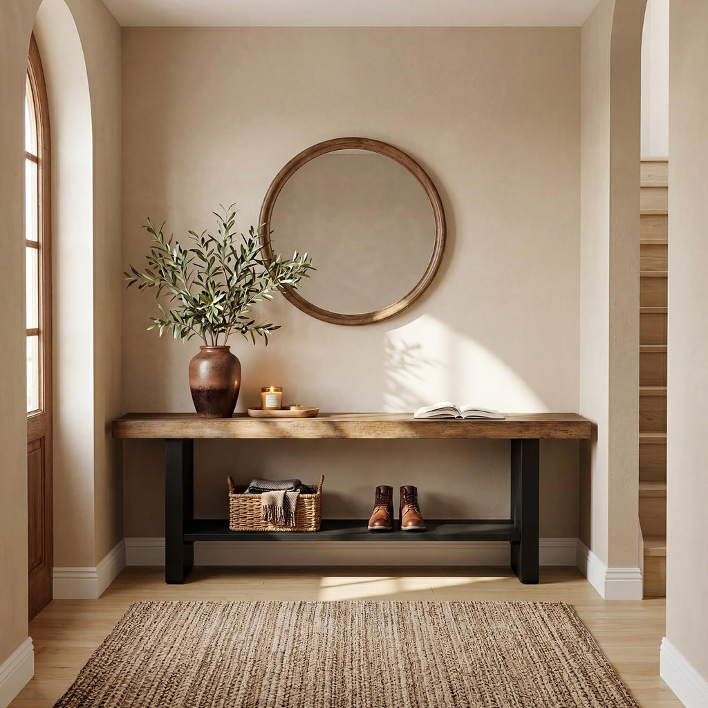 55" Solid Wood Bench with Shoe Storage, 2-Tier Farmhouse Entryway Bench, Narrow Rustic Brown Bench