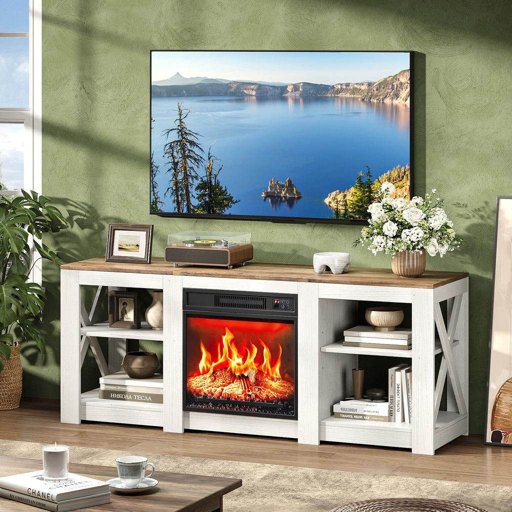 58" Fireplace TV Stand with 4 Adjustable Shelves, White & Barnwood
