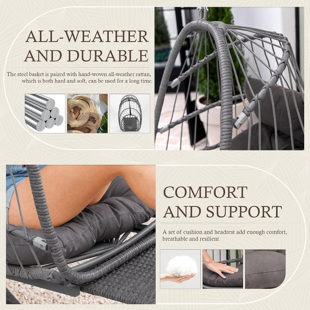 Hanging Egg Chair with Stand & Footrest | Hammock Egg Chairs with Footrest and UV Resistant Cushion for Indoor