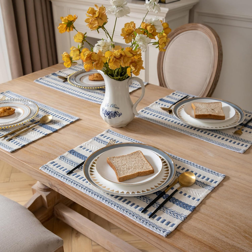 Boho Placemats, Blue Beige Cotton Linen Woven Place Mats - Set of 6