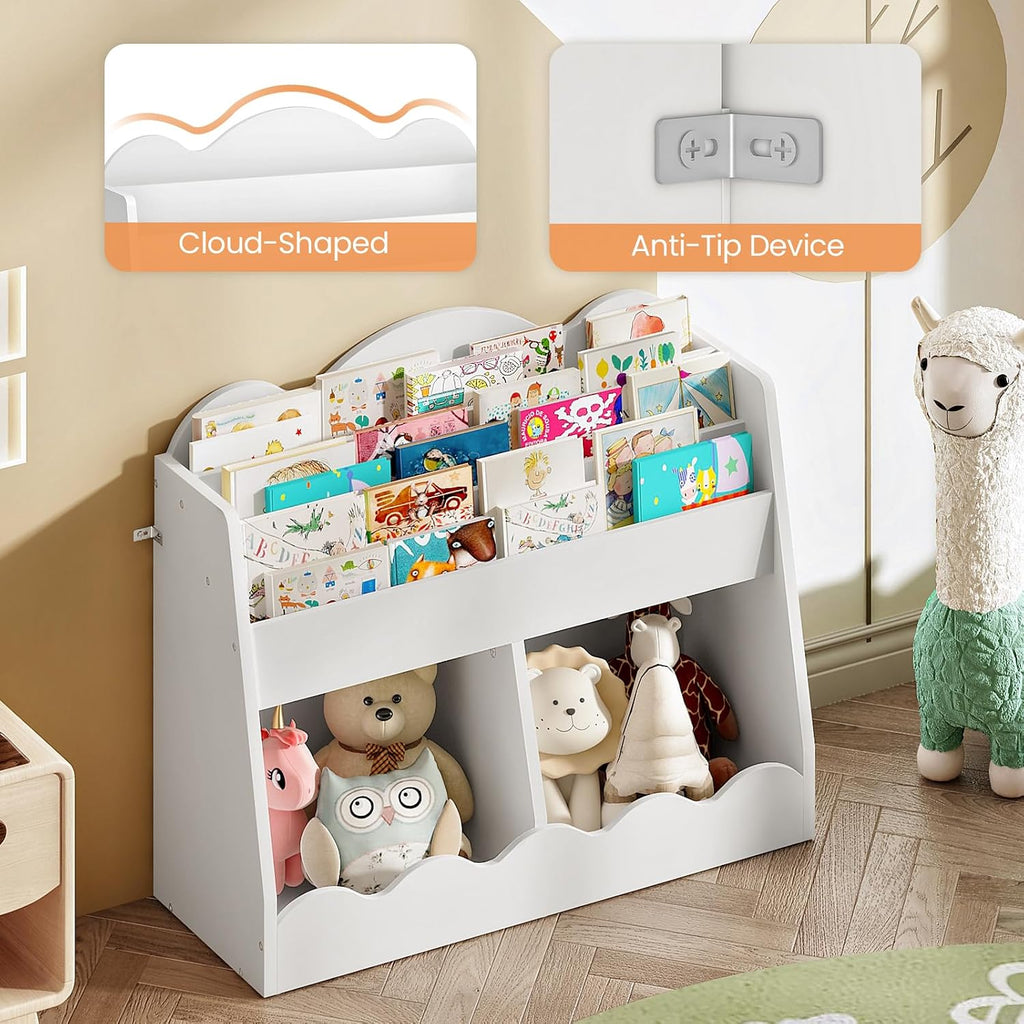 Kids Bookshelf and Toy Storage, Children's Bookcase with 2 Toy Cubes, Toddler Book Shelf for Kids Room, Wooden Book