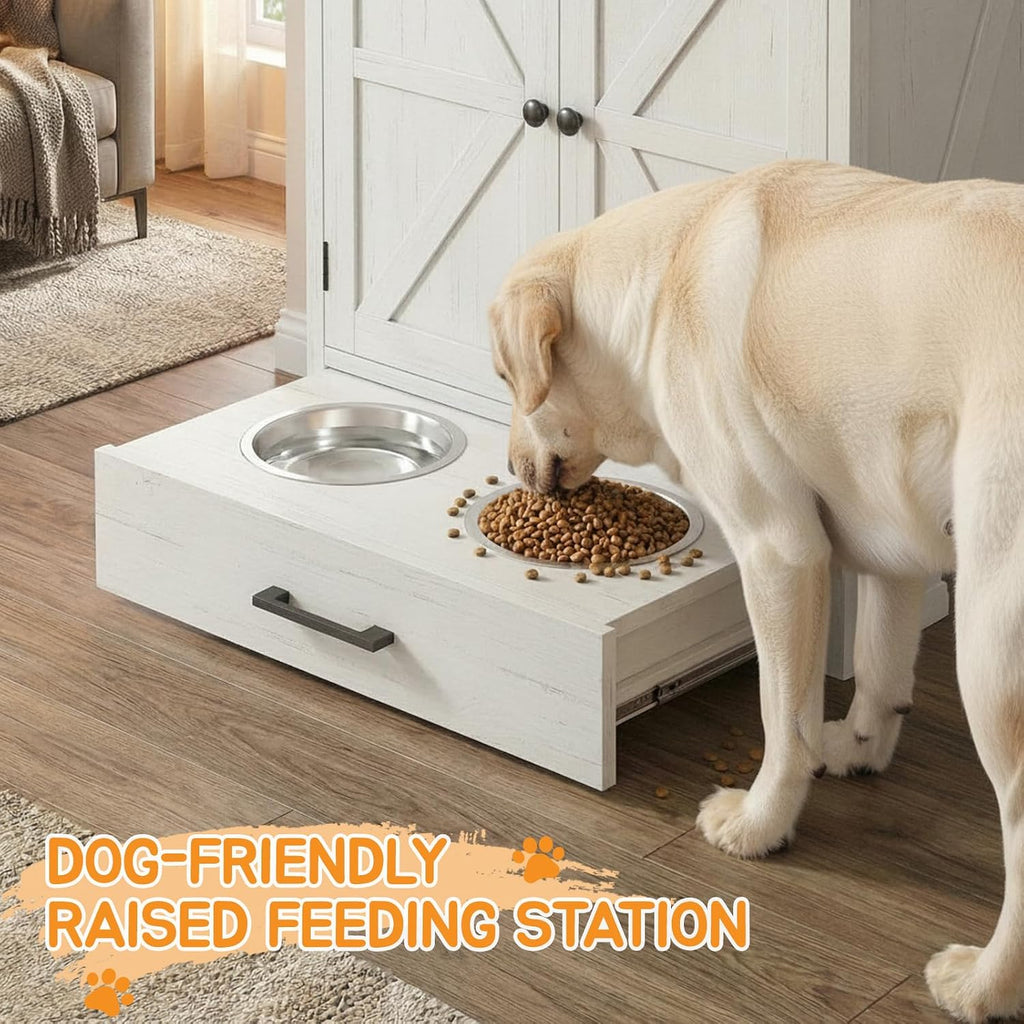 Dog Feeding Station with Storage Cabinet & Elevated Bowls, White