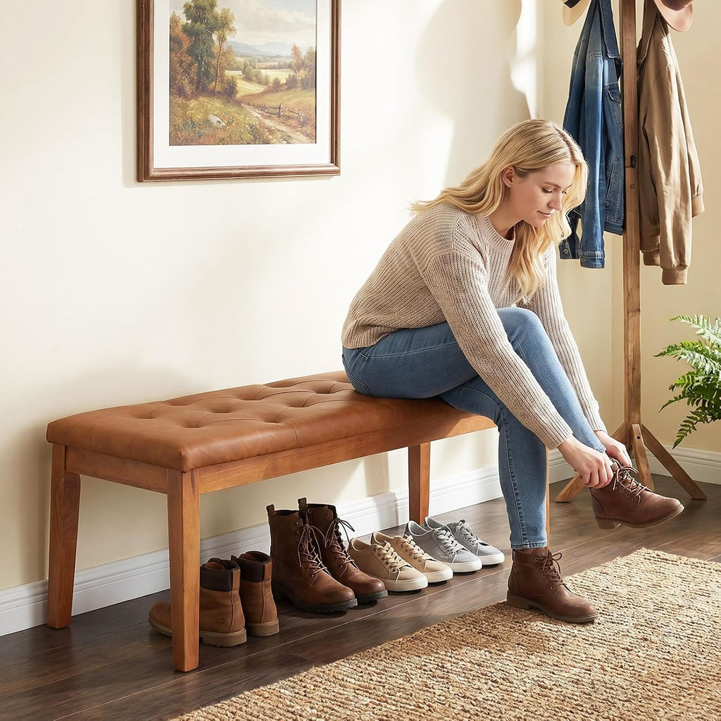 Ottoman Bench Oversized Entryway Shoe Bench Seat Faux Leather Brown | Large Long Rectangle Dining Bench with