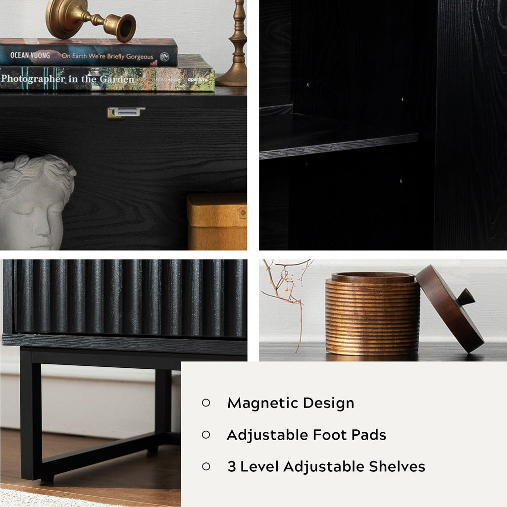 Fluted Storage Cabinet with 4 Doors, 55" Large Sideboard Buffet Cabinet with Adjustable Shelves Kitchen Wooden