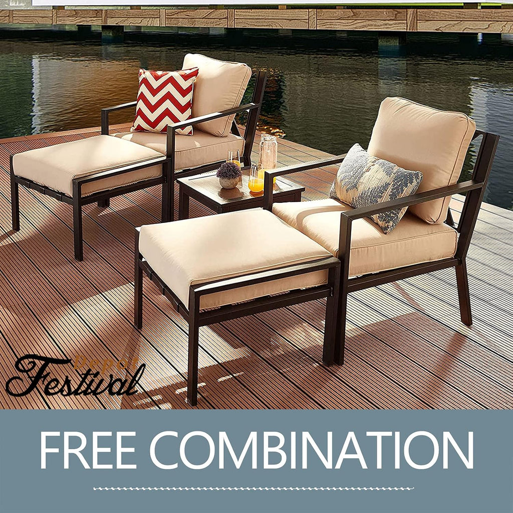 Ottoman Outdoor Footstool with 4.3 Cushion Small Seat All Weather Metal Furniture for Deck Poolside Yard, Grey