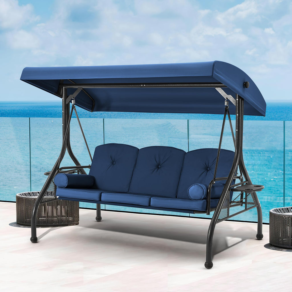 3 Seat Porch Swing with Adjustable Canopy, Patio Swing with Stand