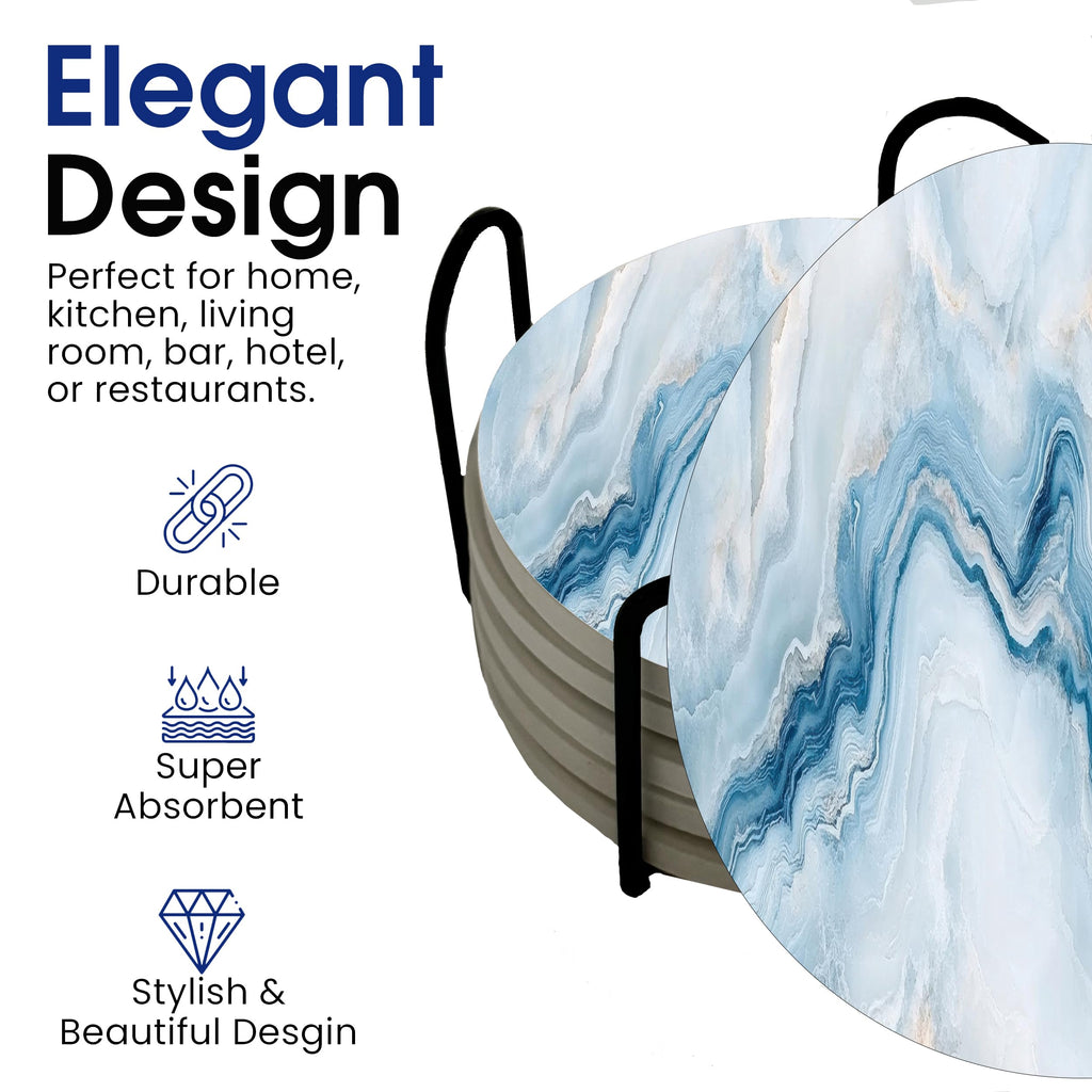 Blue Agate Marble Round Coasters Set of 6 - Abosrbent Ceramic Coasters with Metal Stand for Drinks, Coffee, Non-Slip