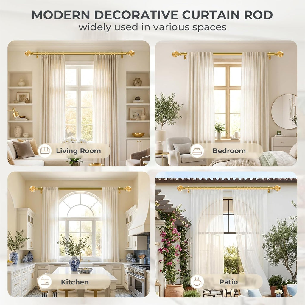 Gold Decorative Crystal Curtain Rods:36-88 Inch Heavy Duty Adjustable Window Curtains Rods for Bedroom Living Room