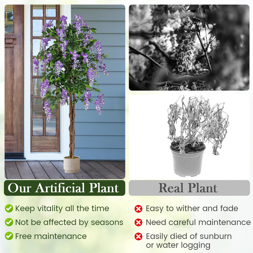 5.5FT Ficus Artificial Tree, 2 Pack Faux Wisteria Tree Pot with Blooming Flowers, Fake Potted Tree Greenery Floor