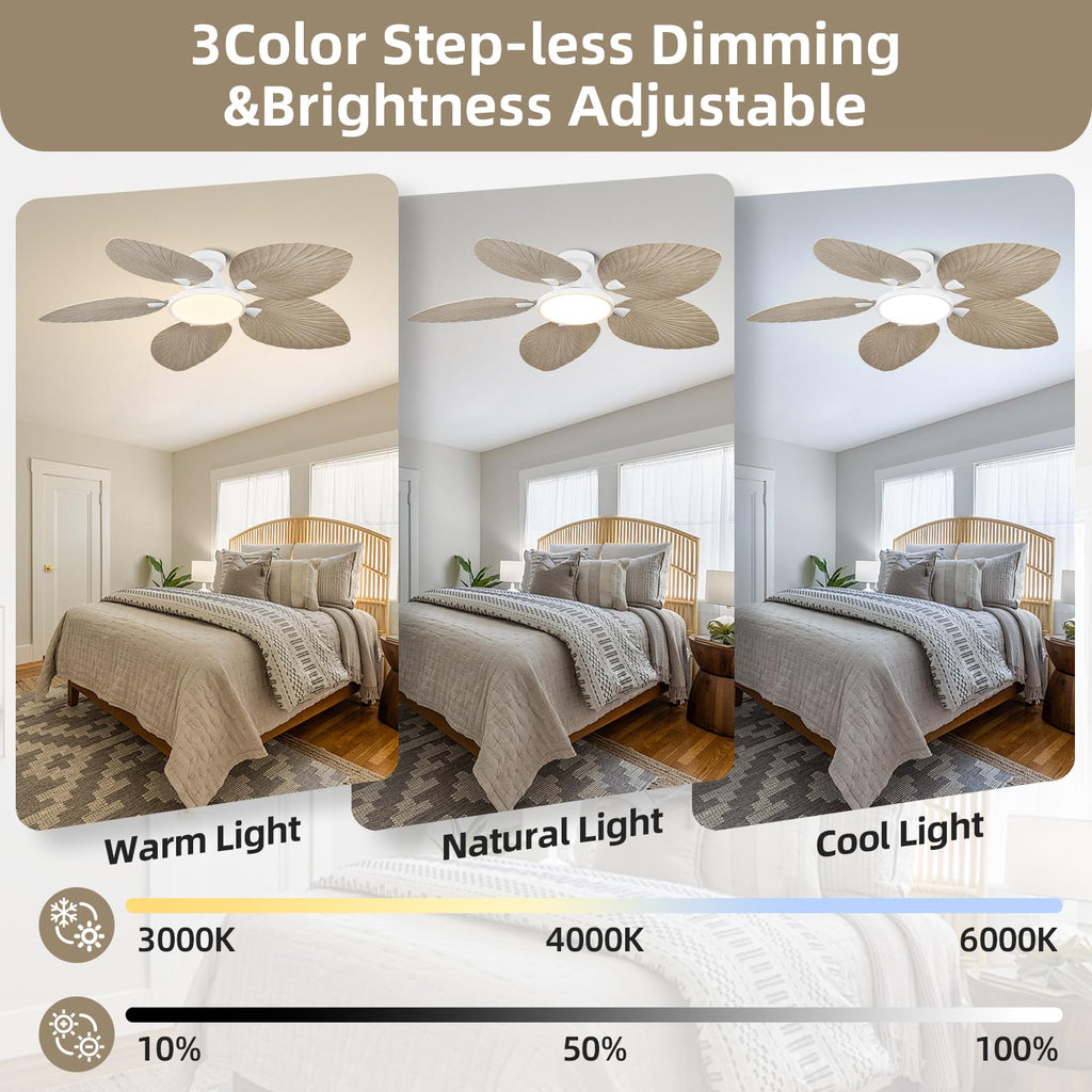 52 Inch Boho Palm Leaf Flush Mount Ceiling Fan with Light and Remote White Motor, Natural Wood Finish Blades, Quiet