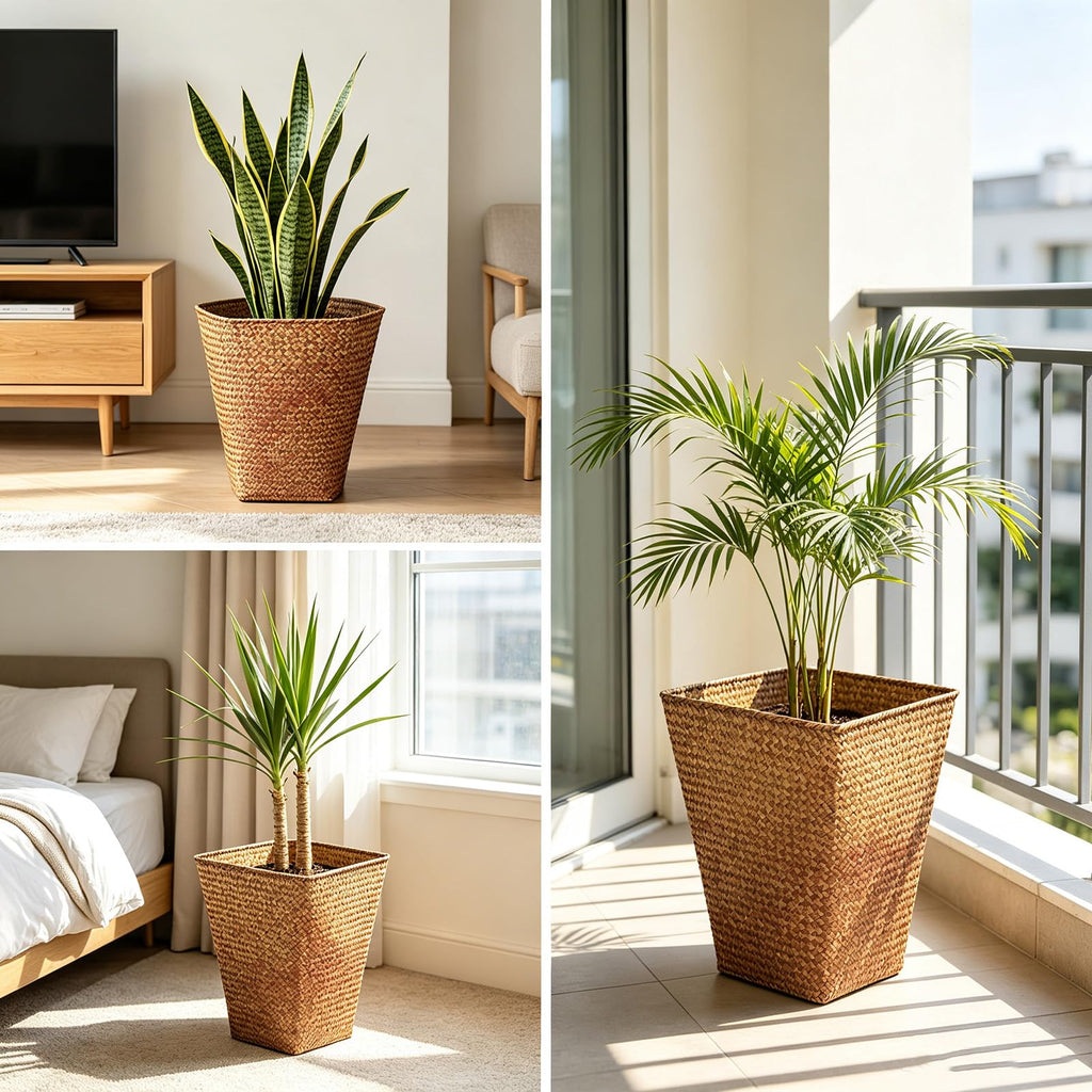 Resin Seagrass Planter 2 Pack, Large Taper Planter, Handwoven Natural Baskets for Indoor/Outdoor Pots, Decor