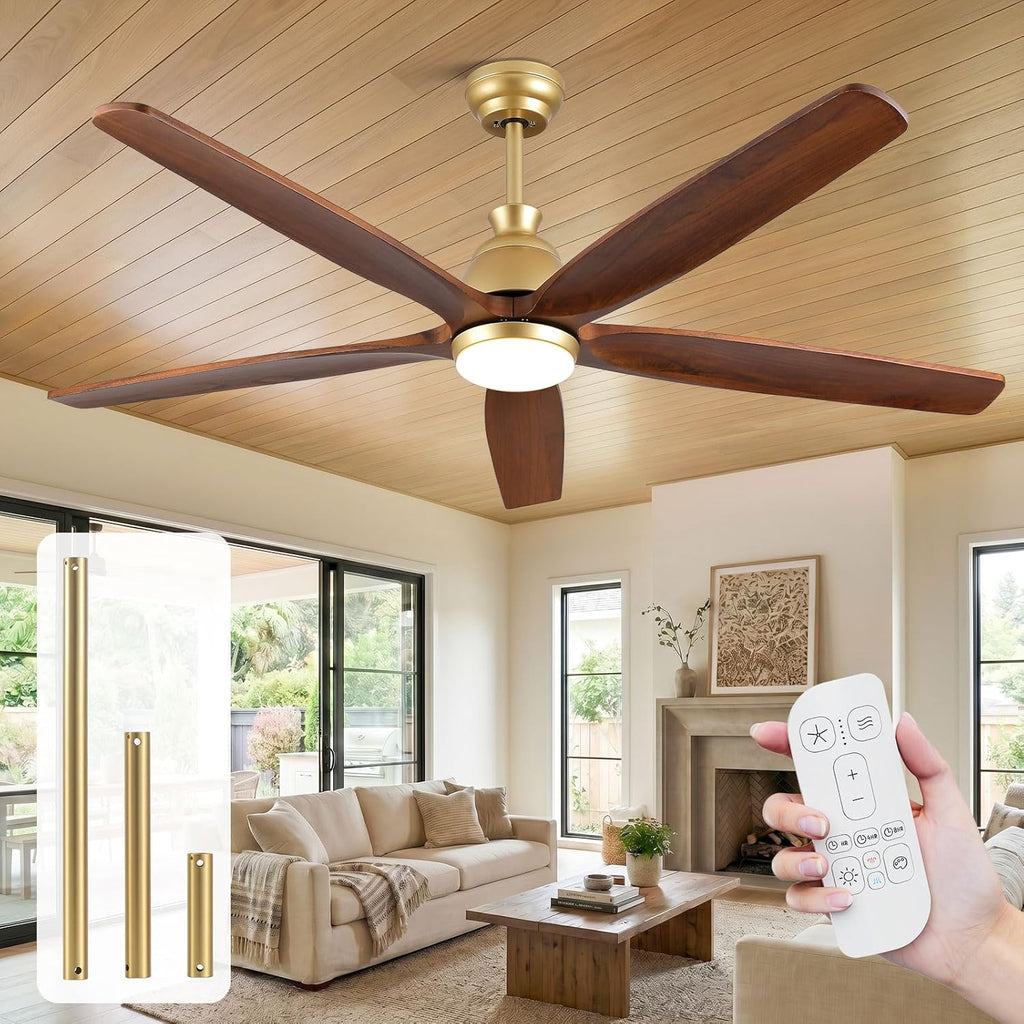 60 Inch Outdoor Ceiling Fan with Lights, Gold Brass Finish, 5 Solid Walnut Wood Blades, High CFM Quiet DC Motor