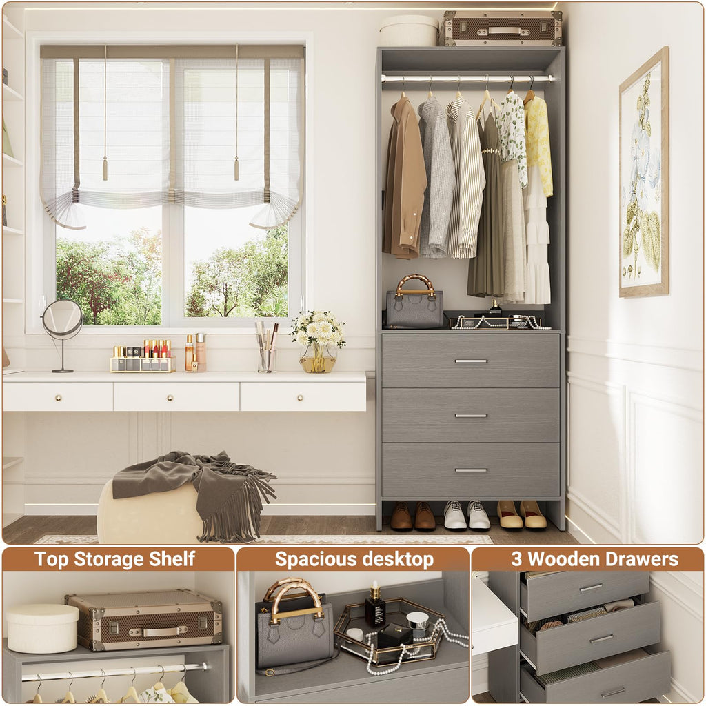 1.8FT Closet System with Drawers, 21.5'' Closet Organizer, Grey