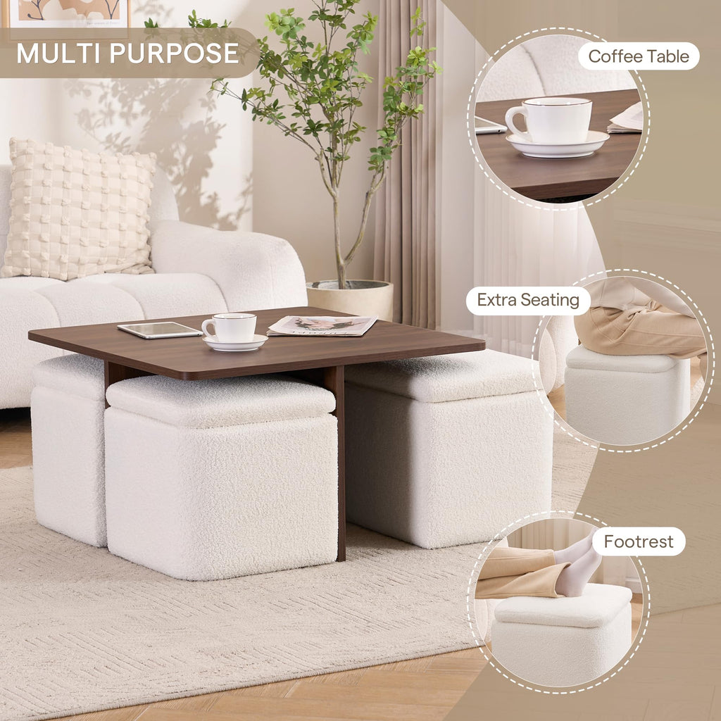 Square Coffee Table with Storage Ottomans, Beige