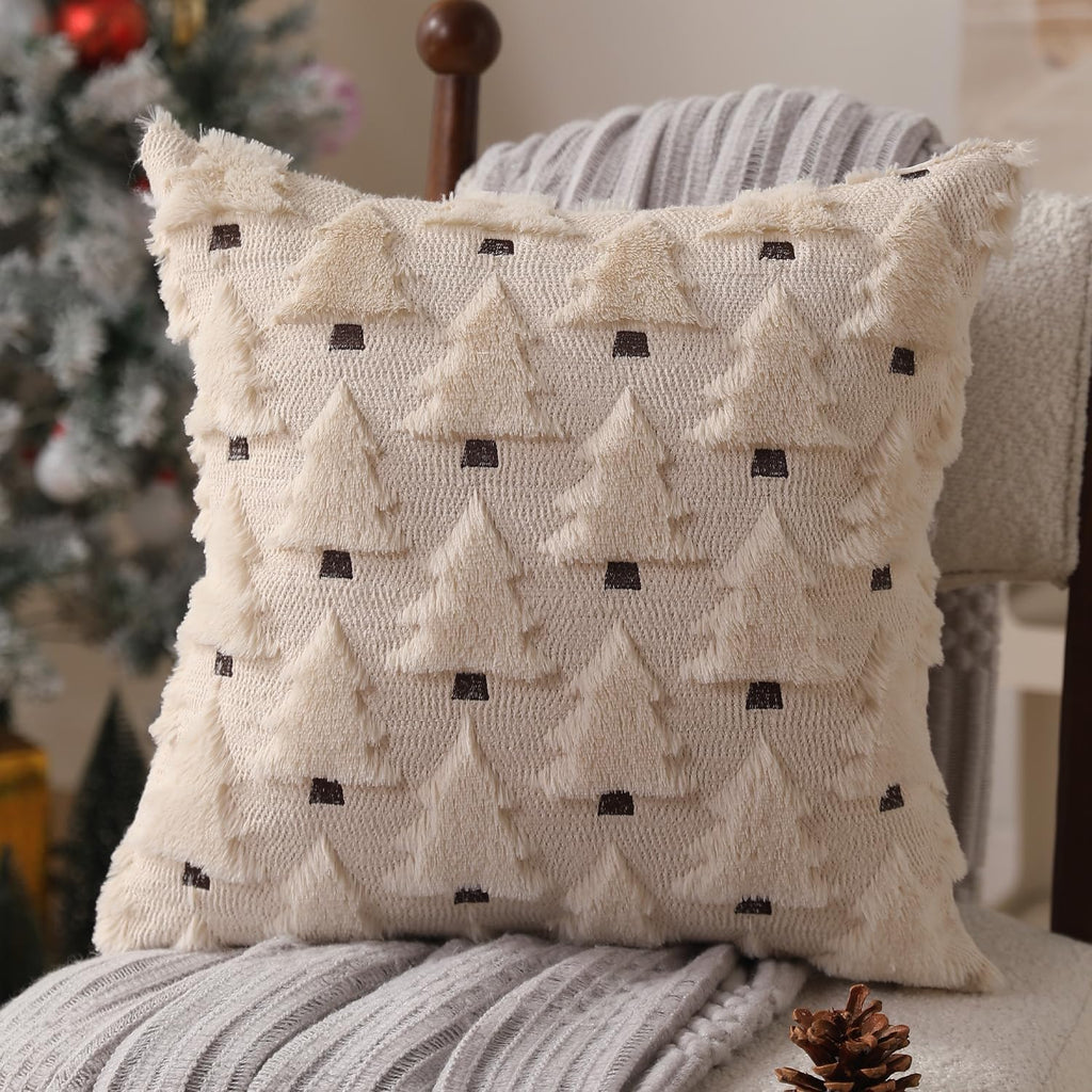 Christmas Pillow Covers 20x20 inch Christmas Decorations Soft Plush Faux Fur Wool Beige Christmas Tree Throw - Set of 2