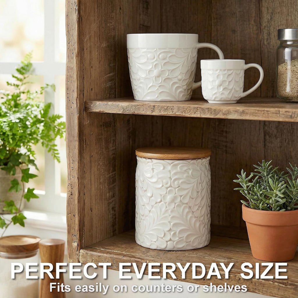 Small 30 Oz Engraved Ceramic Kitchen Canister, Airtight Bamboo Lid