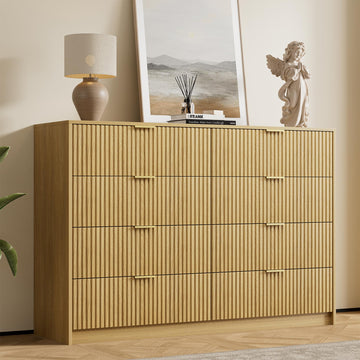 55" Wide Fluted Dresser with 8 Drawers, Natural Oak