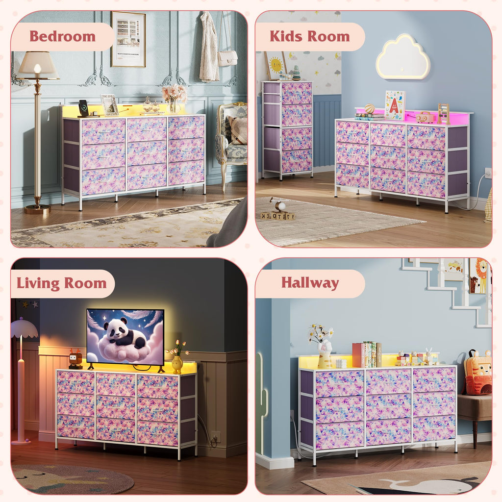 Dresser TV Stand with LED Lights & Outlets, 9 Fabric Drawers, Tie-dye