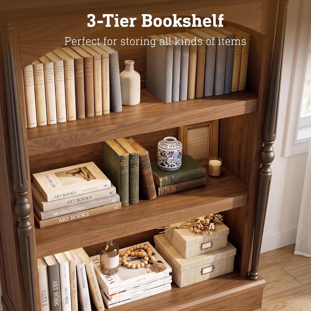 3-Tier Arched Bookcase with LED Lights Set of 2, Farmhouse Bookshelf with Solid Wood Classical Columns, Wooden Open